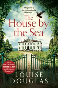 Cover design for The ouse by the Sea book. Iron gates, gravel bath and old white mansion on a cliff.
